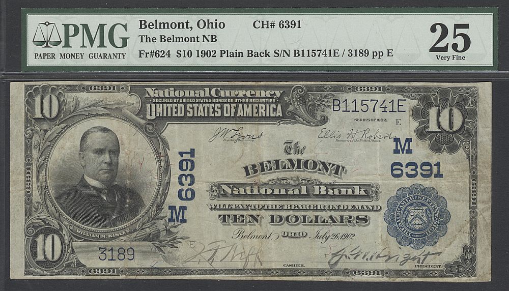 Belmont, OH, Ch. #6391, 1902PB $10, 3189, VF, PMG-25